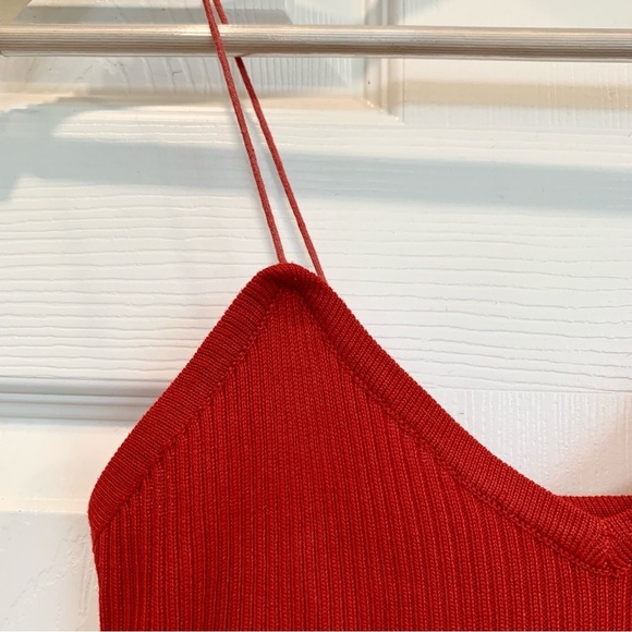 Red Ribbed Knit V-Neck Thin Strap Sweater Cami Top - Picture 3 of 3